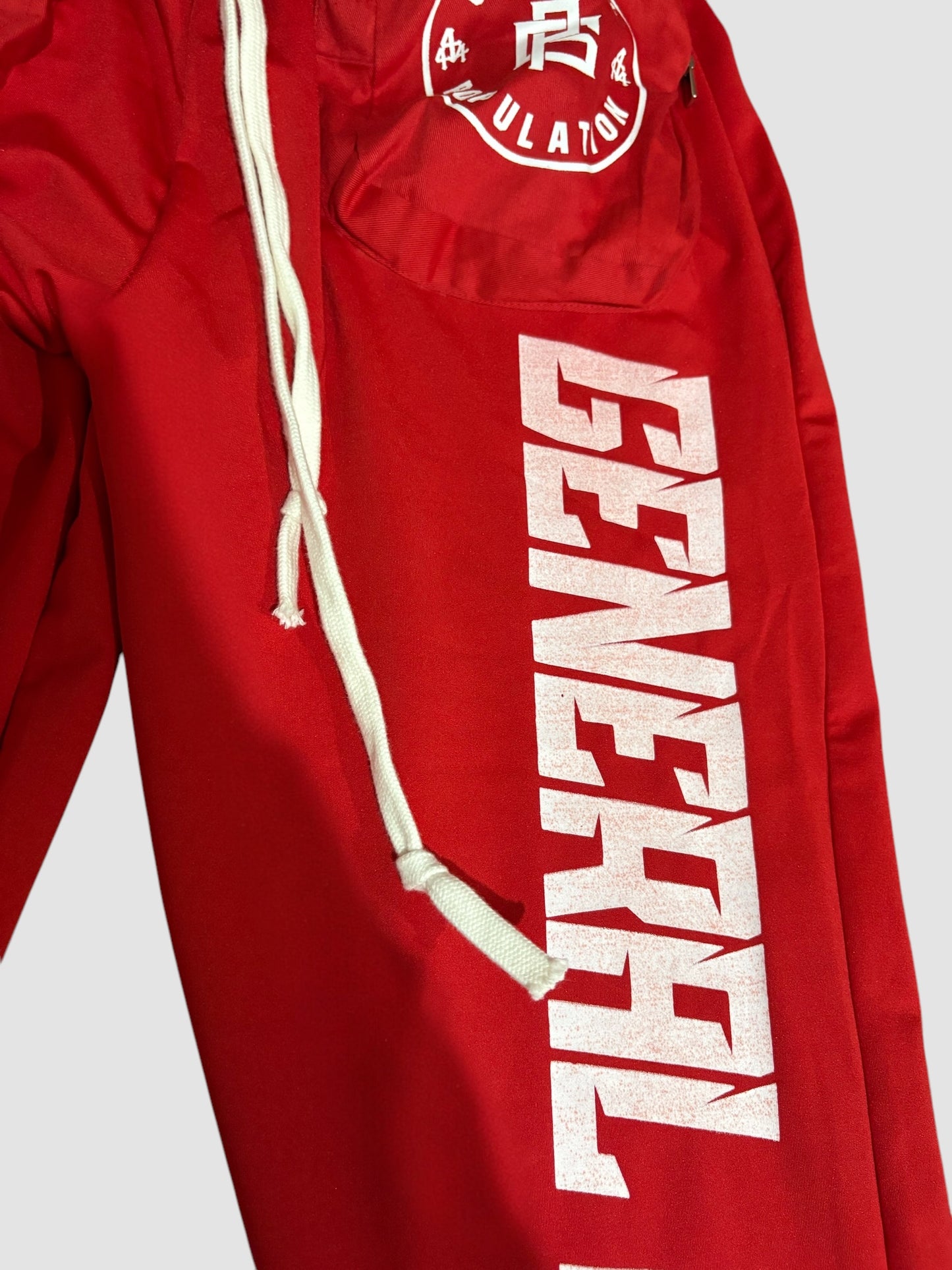 Lightweight Red puff pocket Pants with White Full-Leg Logo